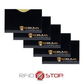 Proximity-Kartenetui - Koruma (horizontal, schwarz, goldenes Logo), 5er-Set.