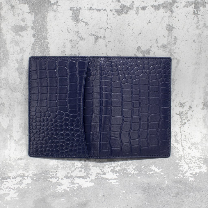 Dünne Leder-RFID-Brieftasche für Jackenregistrierung (Marineblau, Kroko)