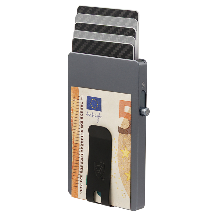 Aluminiowe etui z wysuwanymi kartami i ochroną kart zbliżeniowych (czarny)