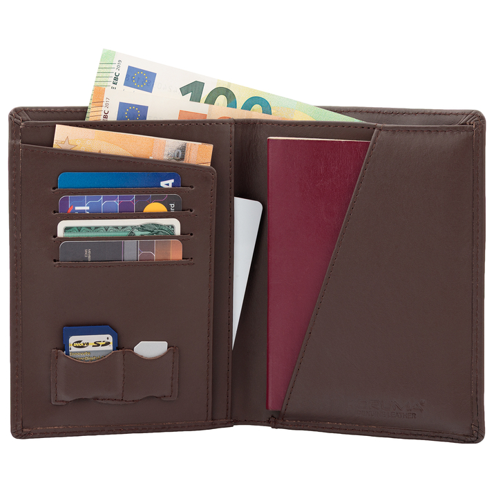 Reisebrieftasche aus Leder für Proximity-Karten und biometrischen Reisepass (braun)