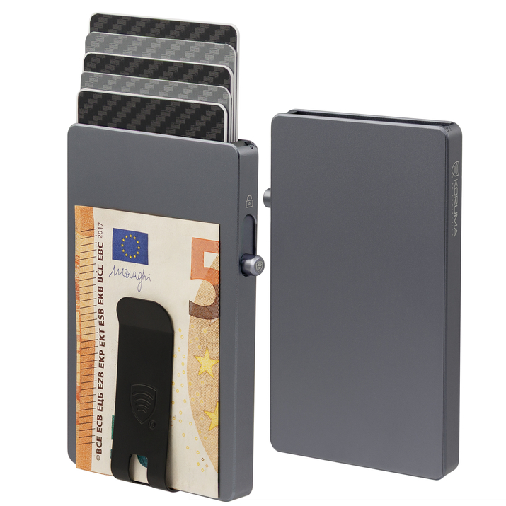 Aluminiowe etui z wysuwanymi kartami i ochroną kart zbliżeniowych (czarny)