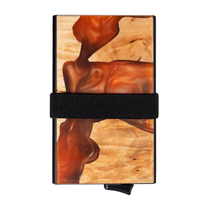 Brieftasche aus Aluminium mit ausziehbaren Karten und Kartenschutz (Holz + orangefarbenes Harz)