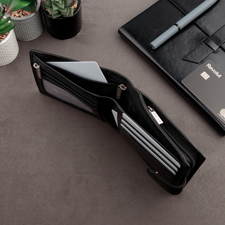 Horizontale Herrenleder-RFID-Brieftasche für Karten und Münzen (schwarz)