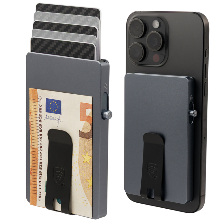 Aluminiowe etui z wysuwanymi kartami i ochroną kart zbliżeniowych (czarny)